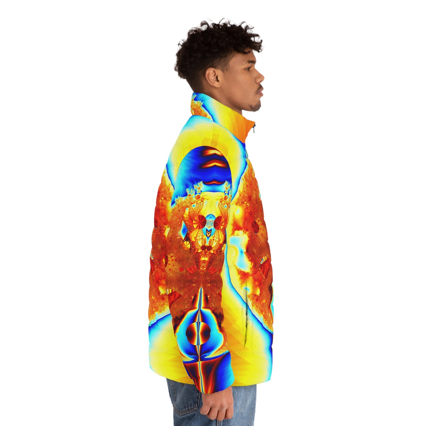 Men's Puffer Jacket "Fiery Elegance" Warm Winter Jacket, Unique Fractal Pattern, Stand Out Coat, Designed by PuHaPro