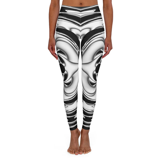 Fractal Whimsy: Black and White Lunacy in Motion - Leggings designed by PuHaPro. These monochrome leggings feature an intricate fractal pattern that creates a mesmerising visual effect. puhapro.com