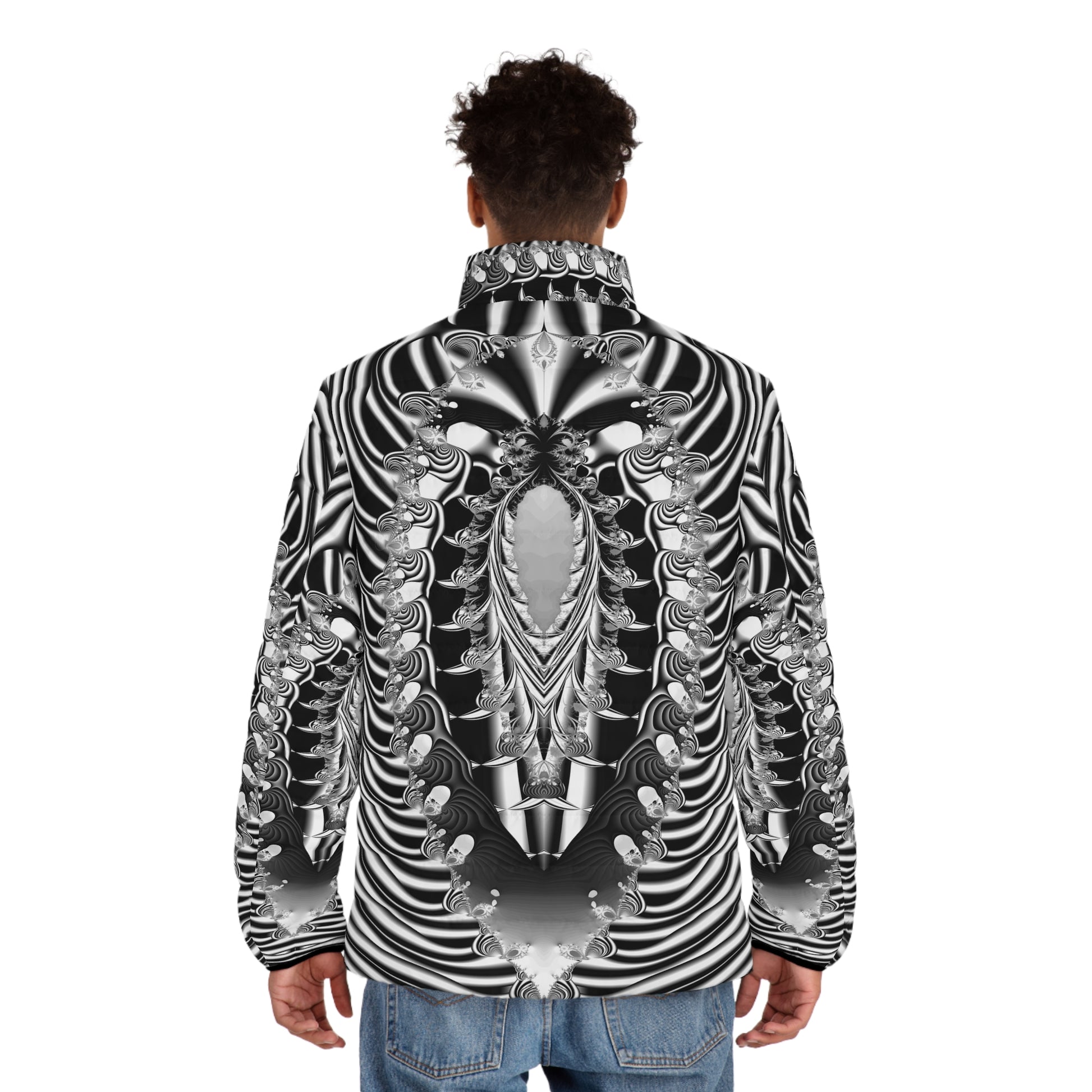 "Alien Insect" Puffer Jacket stunning minimalist black and white fractal pattern puffer jacket by PuHaPro.