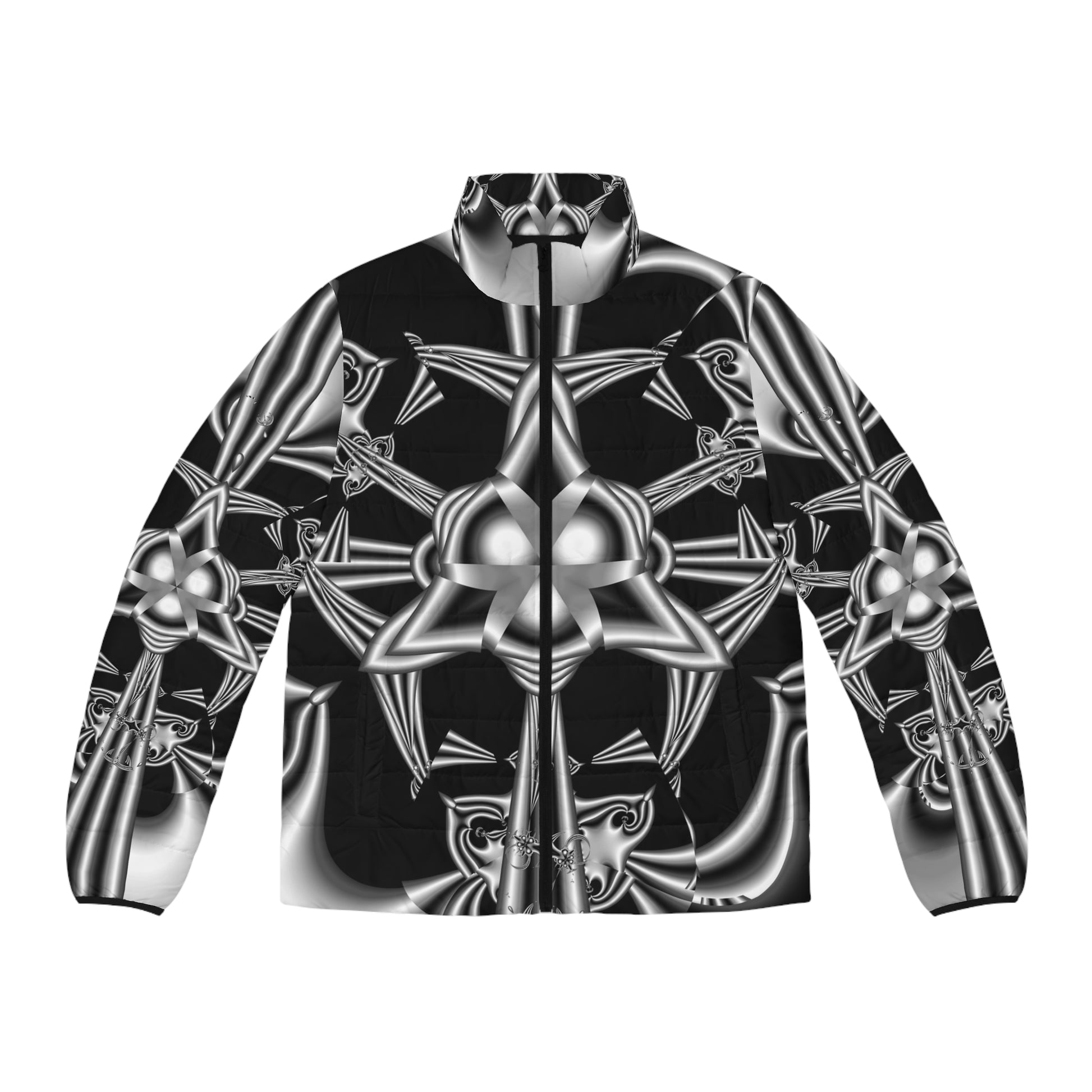 Men's Puffer Jacket "Celtic Knot" Black and White Fractal Design Celtic Symbol, Runa, Irish, Scottish, Welsh Ancient Symbols, Fractal Art Designed by Bora Zrinyi