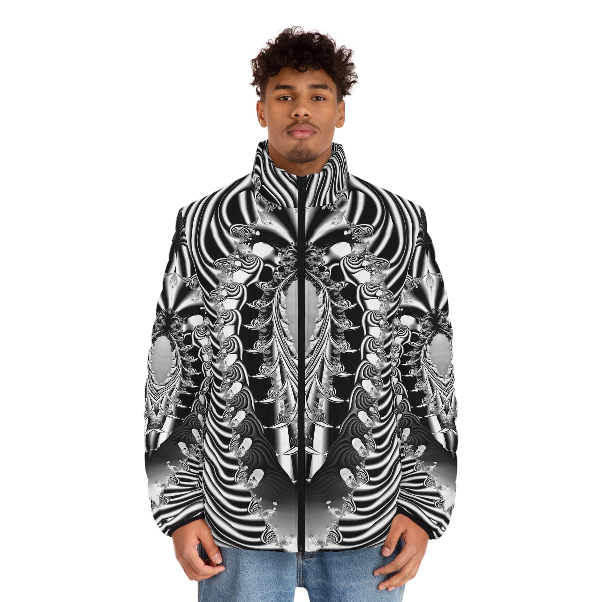 "Alien Insect" Puffer Jacket BZN244387871043 by PuHaPro"Alien Insect" Puffer Jacket stunning minimalist black and white fractal pattern puffer jacket by PuHaPro.