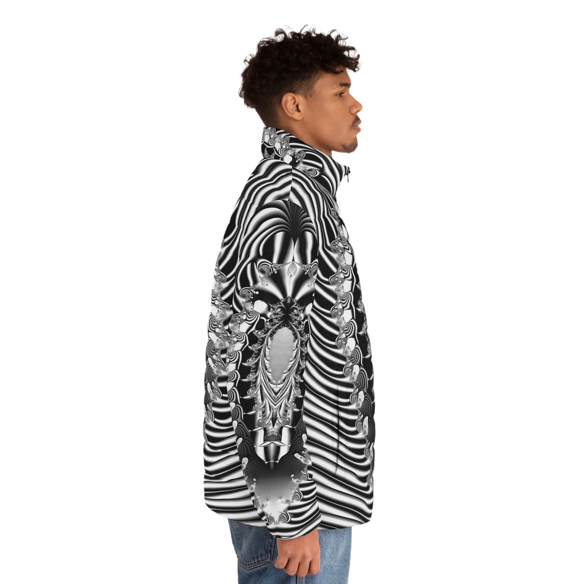 "Alien Insect" Puffer Jacket BZN244387871043 by PuHaPro"Alien Insect" Puffer Jacket stunning minimalist black and white fractal pattern puffer jacket by PuHaPro.