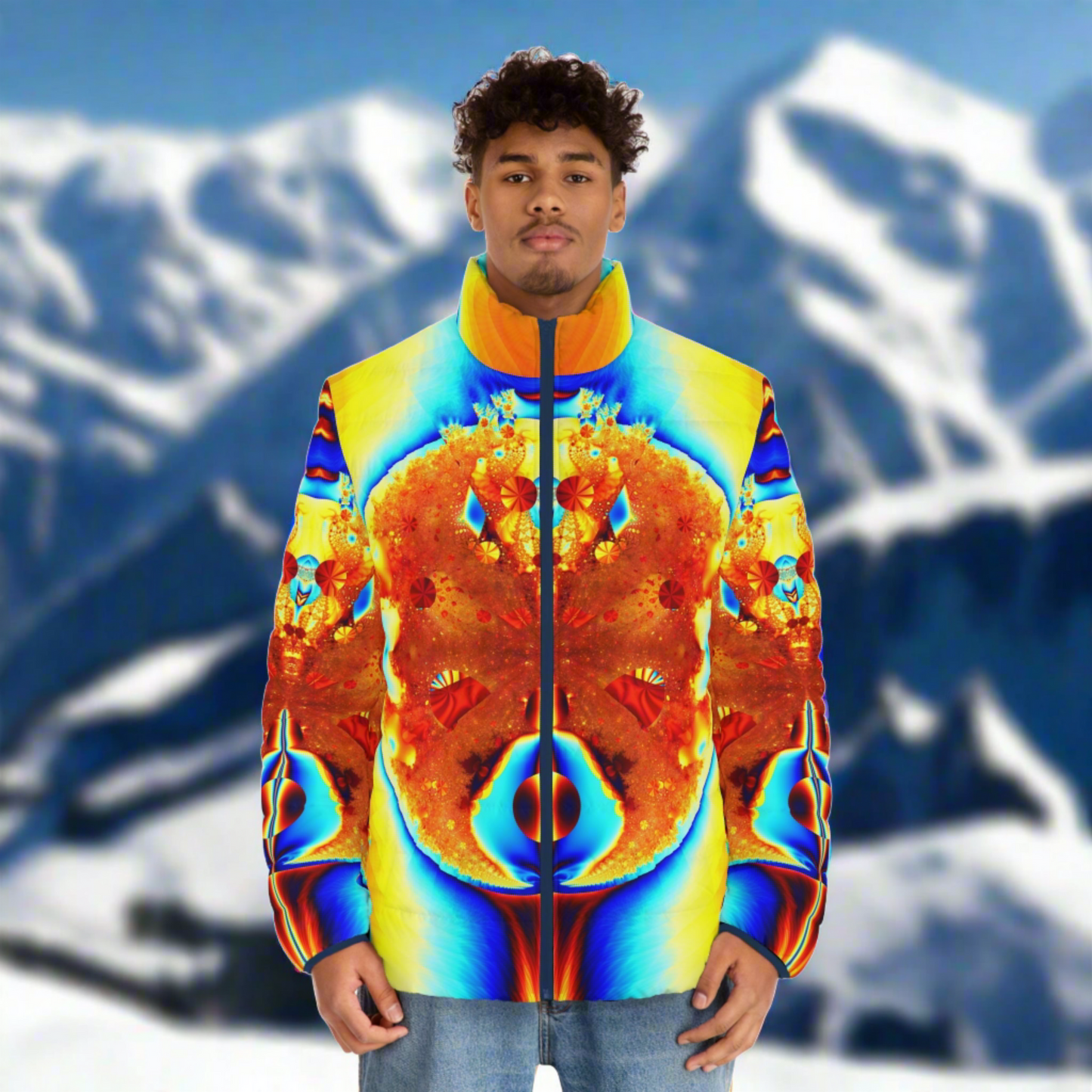 Men's Puffer Jacket "Fiery Elegance" Warm Winter Jacket, Unique Fractal Pattern, Stand Out Coat, Designed by PuHaPro