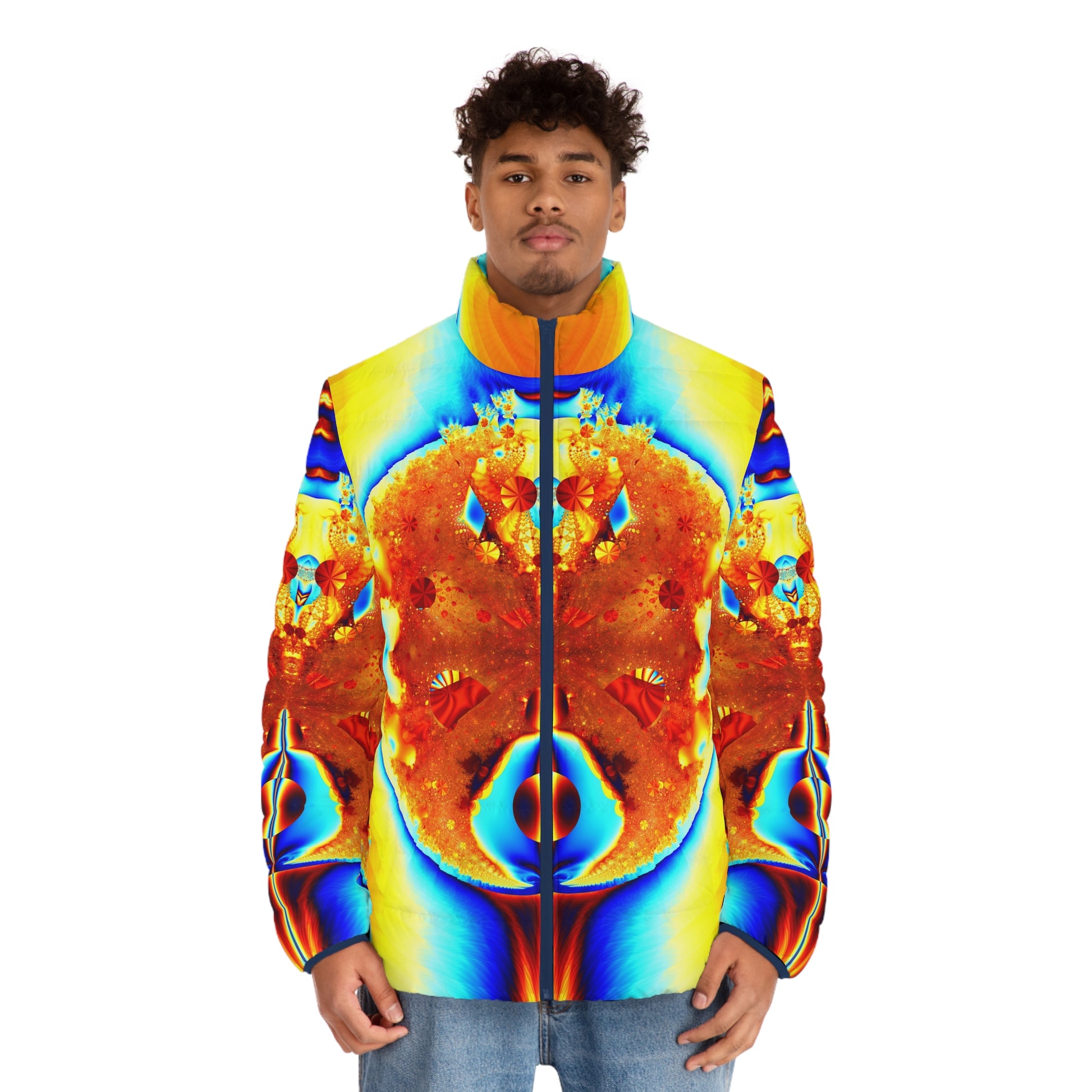 Men's Puffer Jacket "Fiery Elegance" Warm Winter Jacket, Unique Fractal Pattern, Stand Out Coat, Designed by PuHaPro