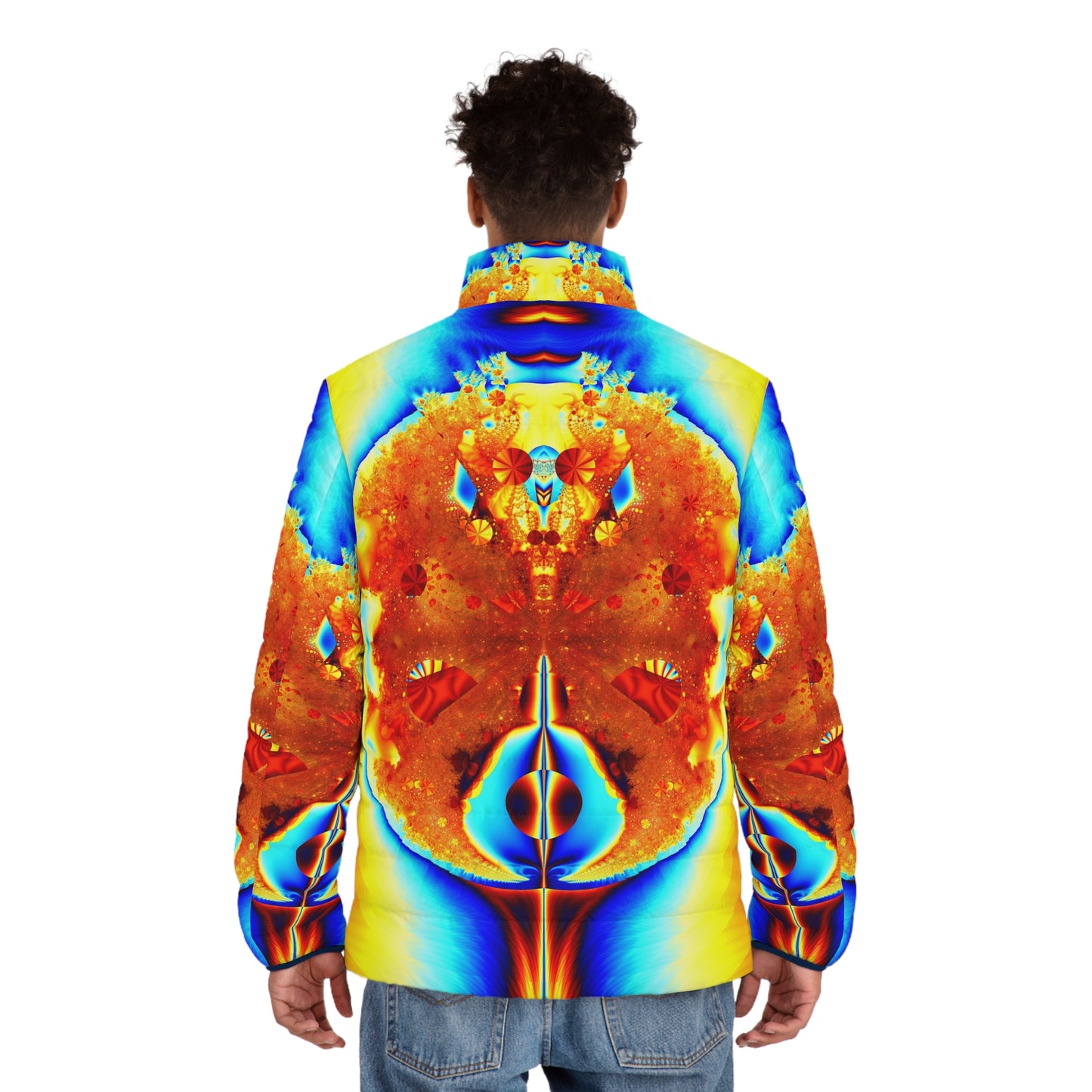 Men's Puffer Jacket "Fiery Elegance" Warm Winter Jacket, Unique Fractal Pattern, Stand Out Coat, Designed by PuHaPro