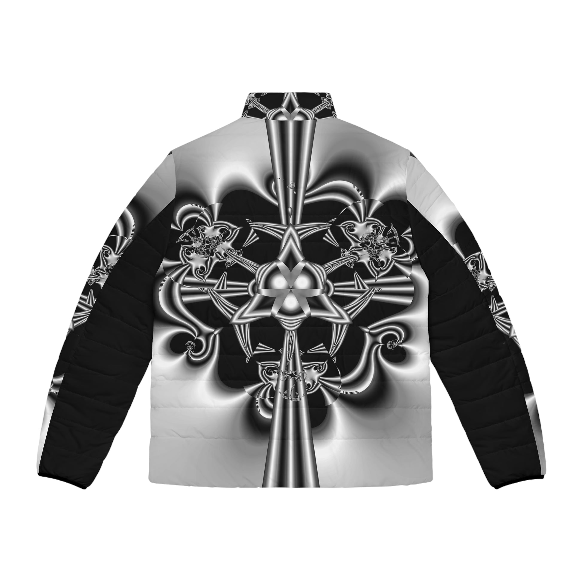 Men's Puffer Jacket "Celtic Knot" Black and White Fractal Design Celtic Symbol, Runa, Irish, Scottish, Welsh Ancient Symbols, Fractal Art Designed by Bora Zrinyi