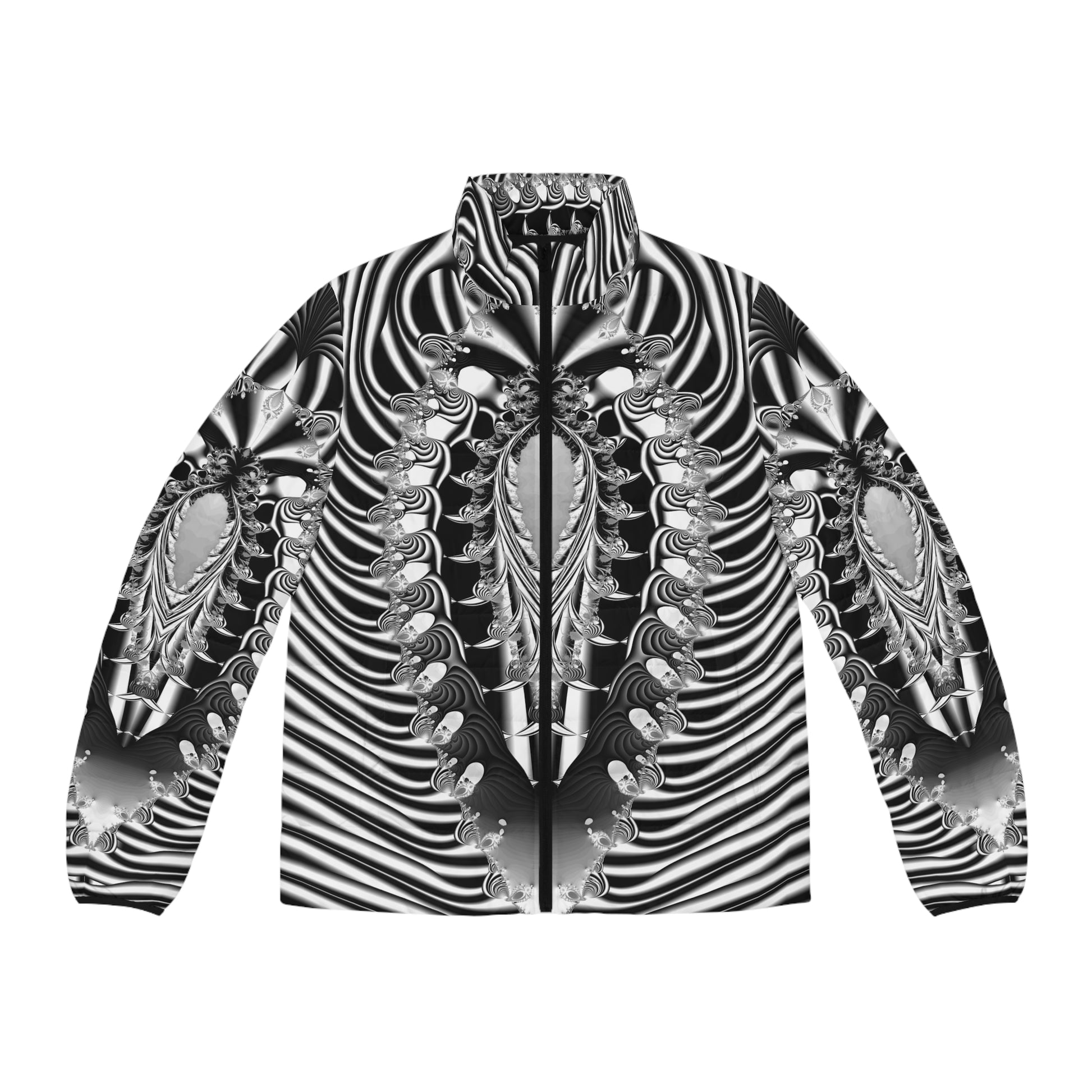 "Alien Insect" Puffer Jacket BZN244387871043 by PuHaPro"Alien Insect" Puffer Jacket stunning minimalist black and white fractal pattern puffer jacket by PuHaPro.