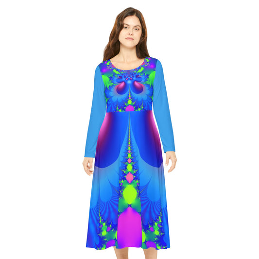 Women's Long Sleeve Dress "Fern Fantasy" Sexy Dance Dress Fractal Pattern Designed by PuHaPro Blue Green Flowers Ferns Organic Pattern Easy Care Summer Wear