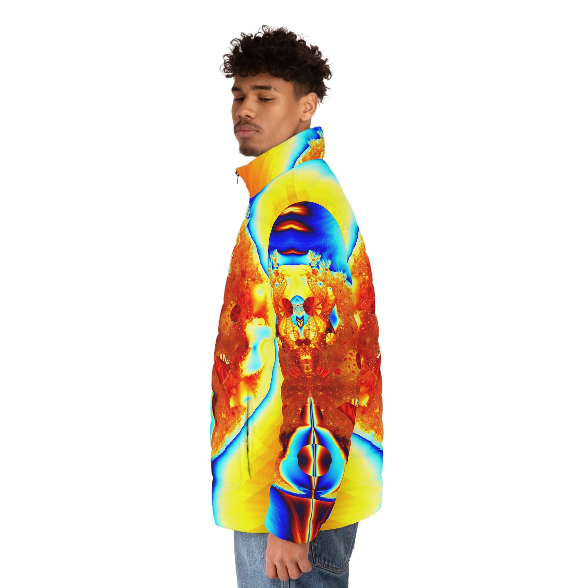 Men's Puffer Jacket "Fiery Elegance" Warm Winter Jacket, Unique Fractal Pattern, Stand Out Coat, Designed by PuHaPro