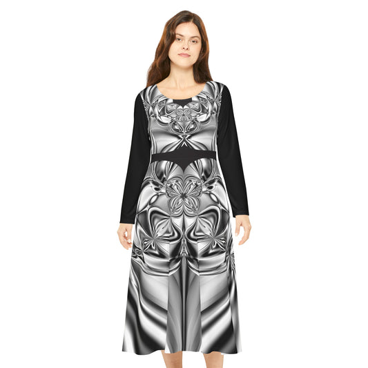 "Mirror Magic" Long Sleeve Women's Dress Fractal Pattern Designed by PuHaPro Sexy Dance Dress Summer Wear Minimalist Black and White Fractal Pattern Magical Stunning Metallic Mirror Pattern