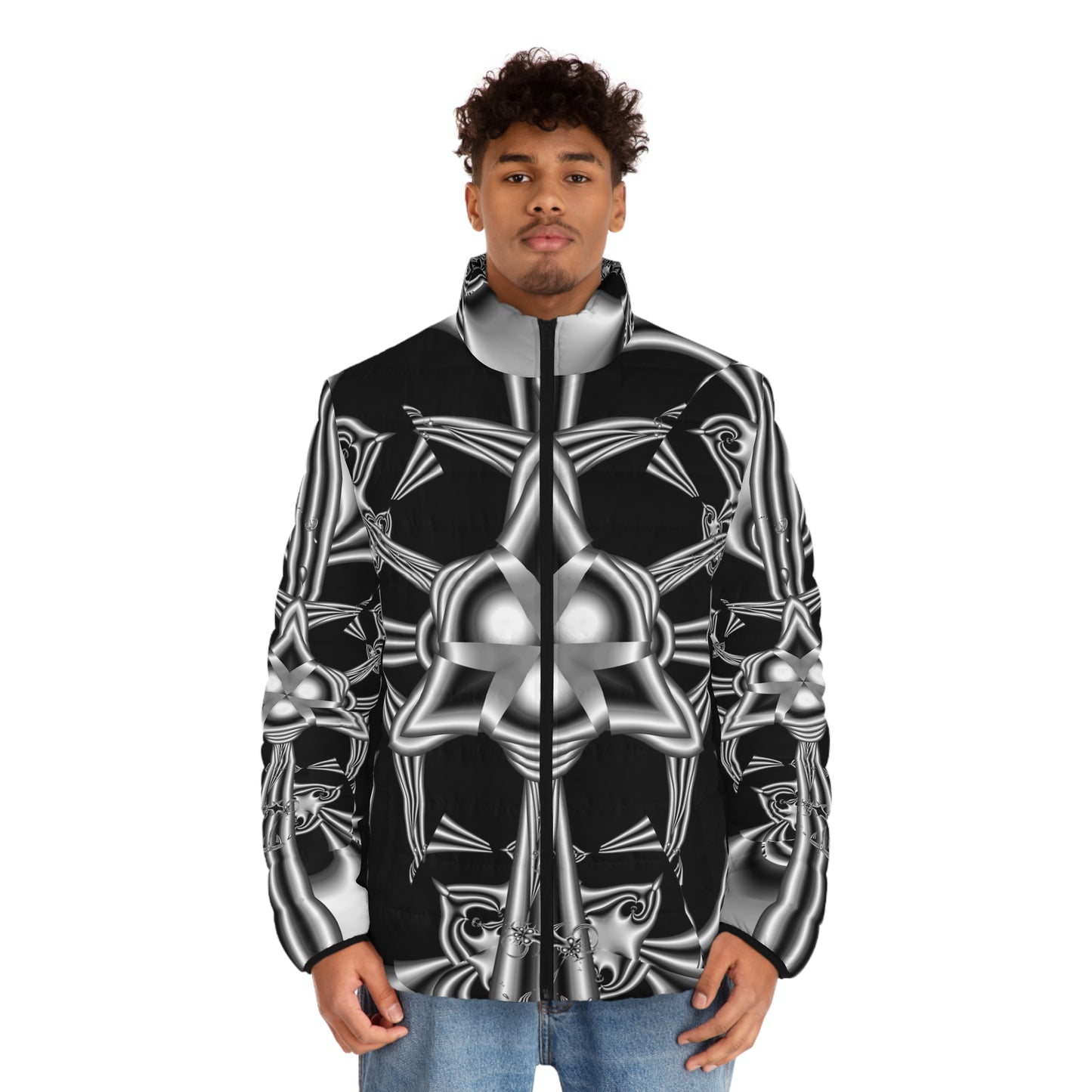 Men's Puffer Jacket "Celtic Knot" Black and White Fractal Design Celtic Symbol, Runa, Irish, Scottish, Welsh Ancient Symbols, Fractal Art Designed by Bora Zrinyi