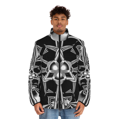 Men's Puffer Jacket "Celtic Knot" Black and White Fractal Design Celtic Symbol, Runa, Irish, Scottish, Welsh Ancient Symbols, Fractal Art Designed by Bora Zrinyi