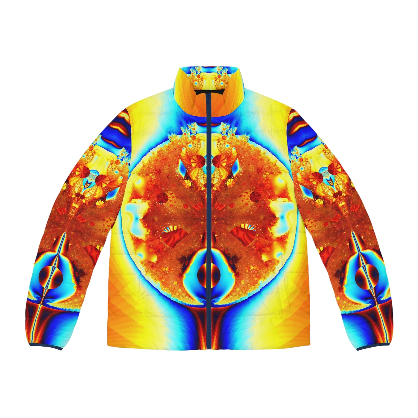 Men's Puffer Jacket "Fiery Elegance" Warm Winter Jacket, Unique Fractal Pattern, Stand Out Coat, Designed by PuHaPro