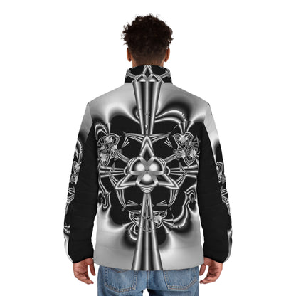 Men's Puffer Jacket "Celtic Knot" Black and White Fractal Design Celtic Symbol, Runa, Irish, Scottish, Welsh Ancient Symbols, Fractal Art Designed by Bora Zrinyi