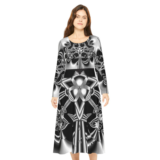 Long Sleeve Dress "Mystic Runes" Designed by PuHaPro Sexy Dance Dress Minimalist Style Black and White Design Fractal Pattern Stunning Celtic Runa