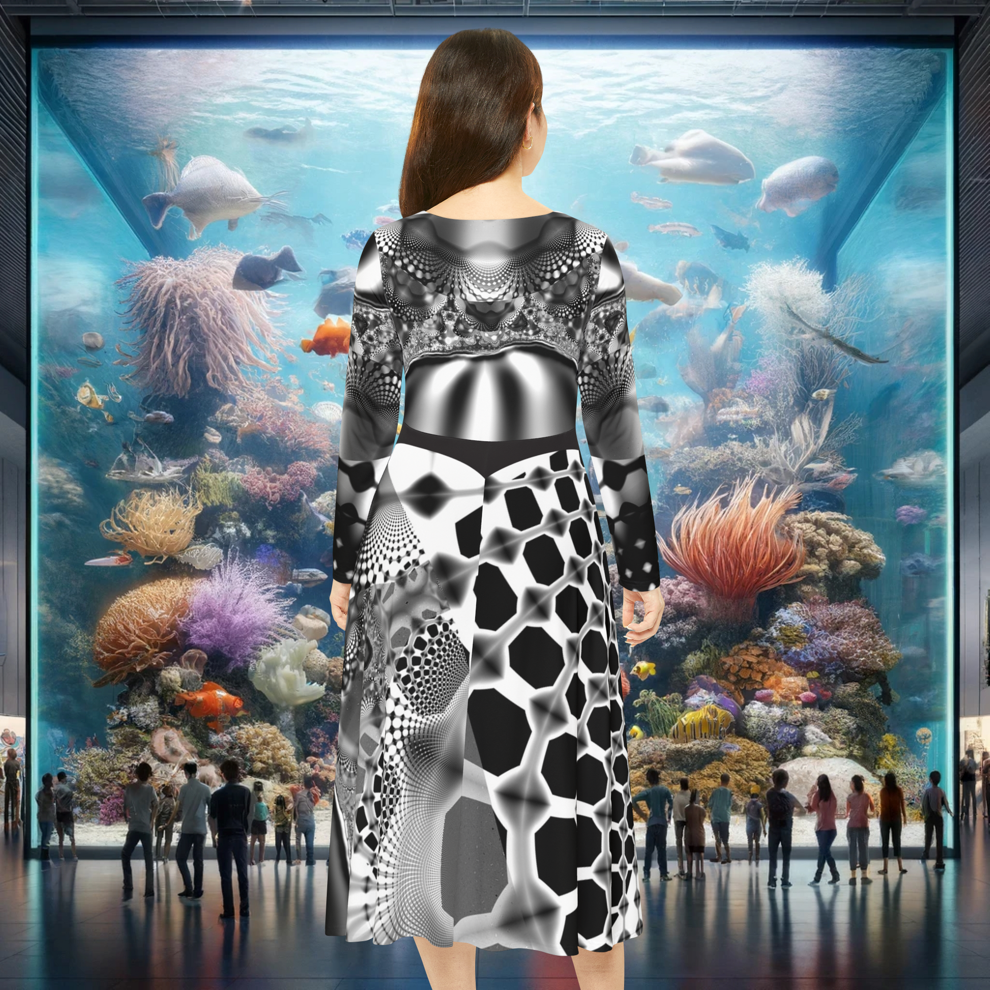 Women's Long Sleeve Dress "Scale-Tastic" Fractal Pattern Designed by PuHaPro Sexy Dance Dress Summer Wear Female Elegant Dresses, Lizard Women, Snake, Scales, FishLips